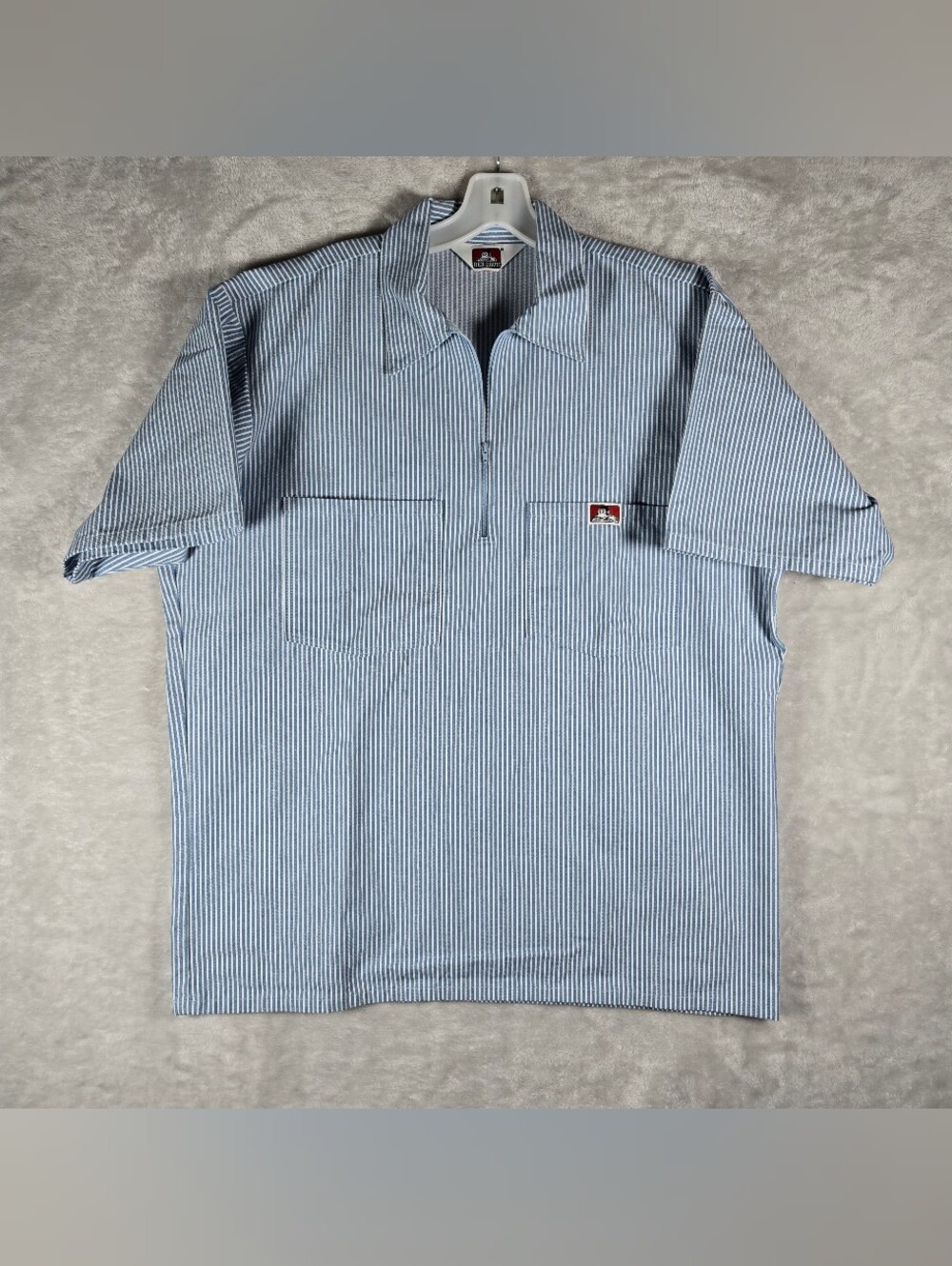 Ben Davis Blue Half Zip Short Sleeve Shirt Men Size Large L Striped Workwear